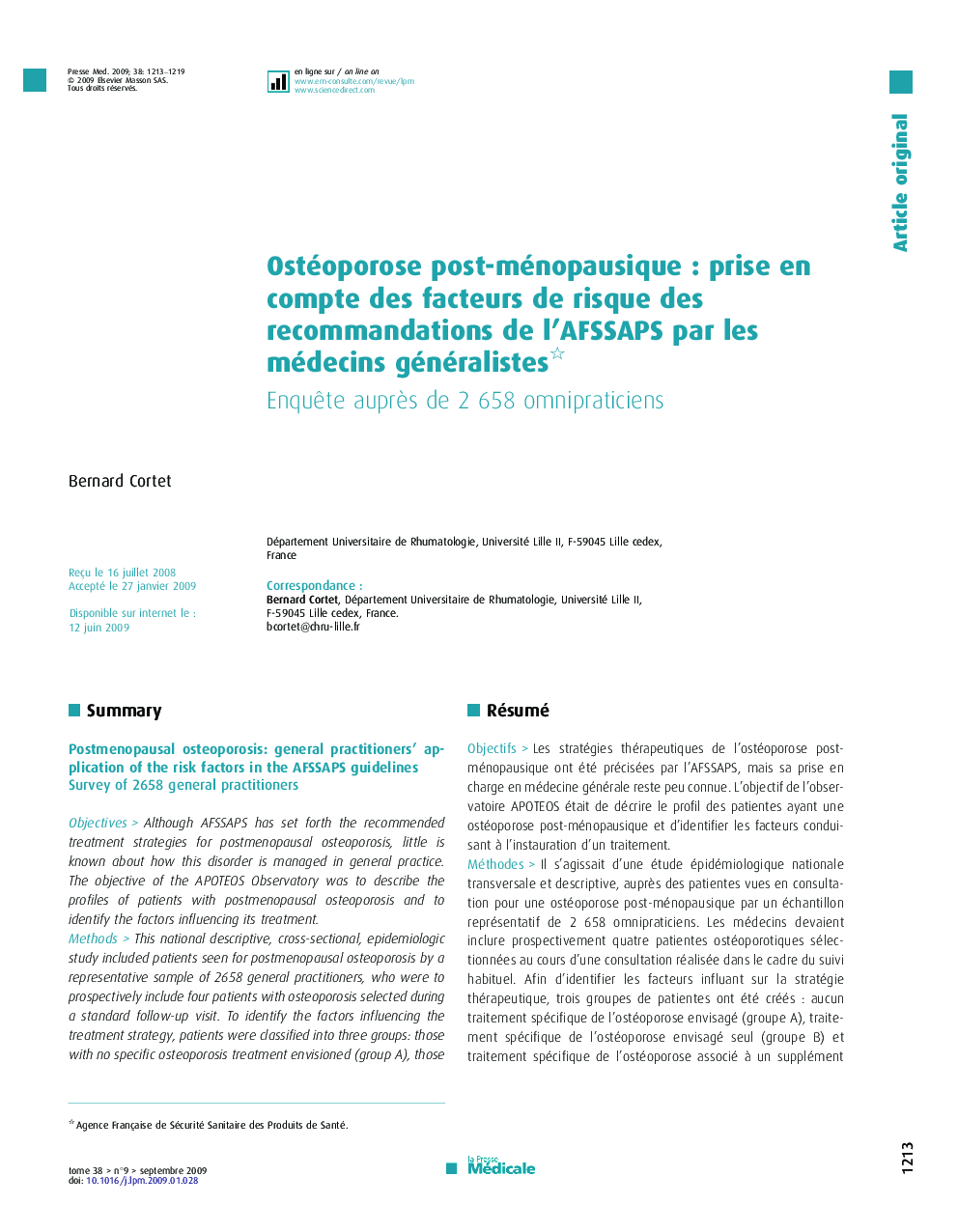 Ostéoporose post-ménopausique : prise en compte des facteurs de risque des recommandations de l’AFSSAPS par les médecins généralistes : Enquête auprès de 2 658 omnipraticiens