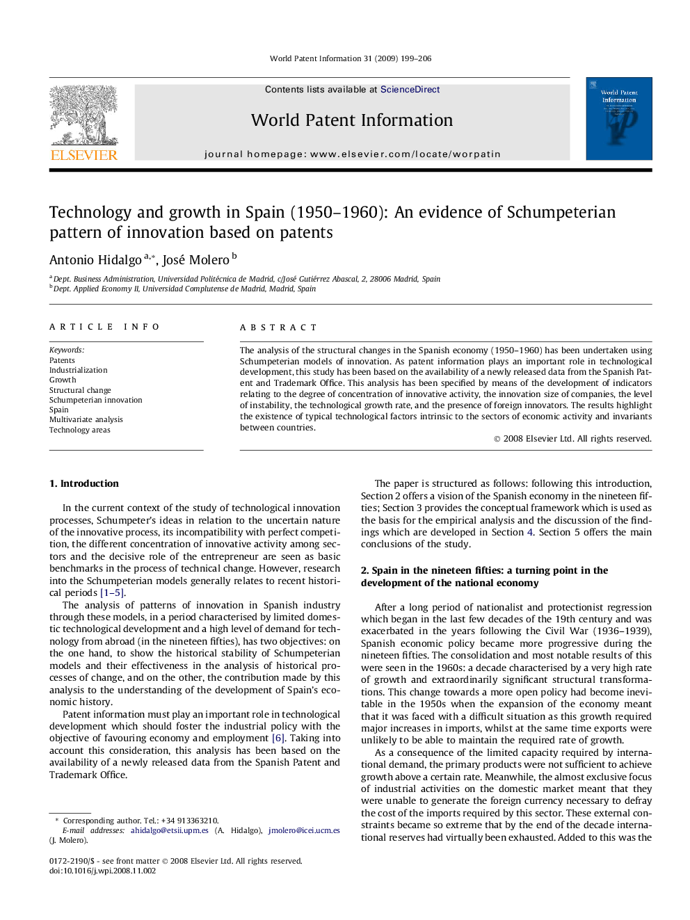 Technology and growth in Spain (1950–1960): An evidence of Schumpeterian pattern of innovation based on patents