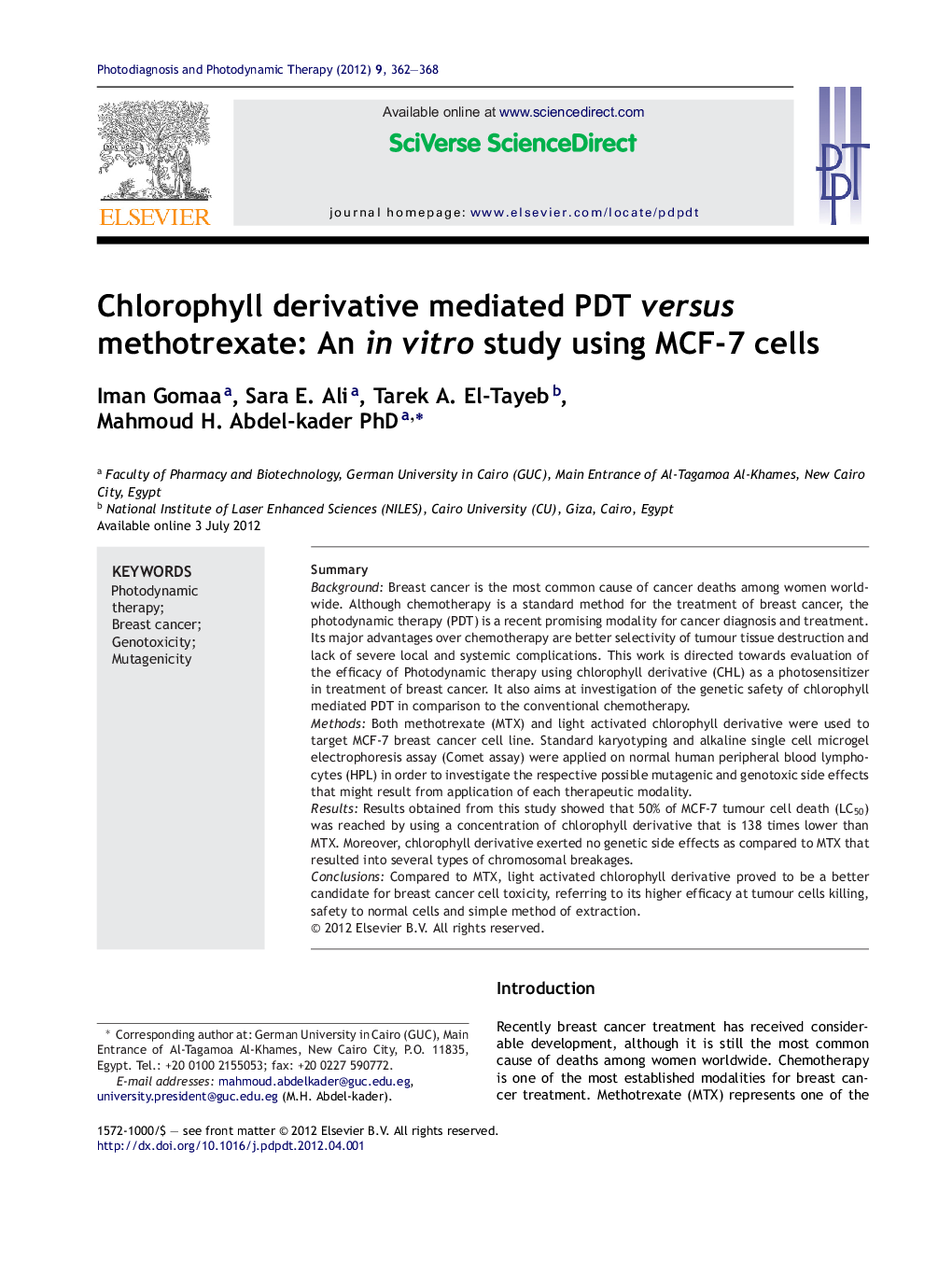 Chlorophyll derivative mediated PDT versus methotrexate: An in vitro study using MCF-7 cells