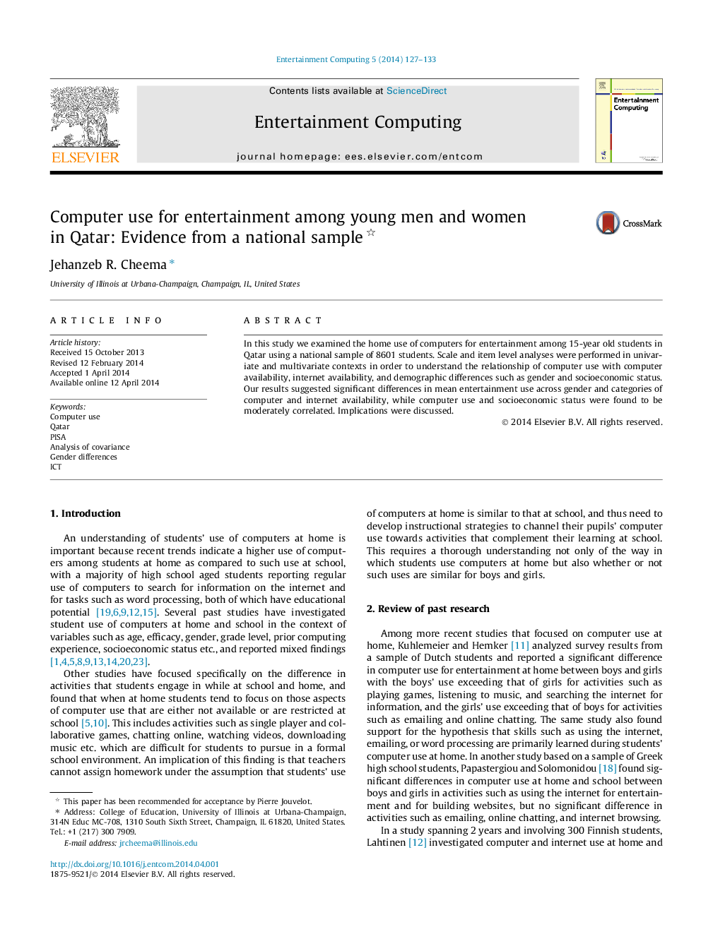 Computer use for entertainment among young men and women in Qatar: Evidence from a national sample 