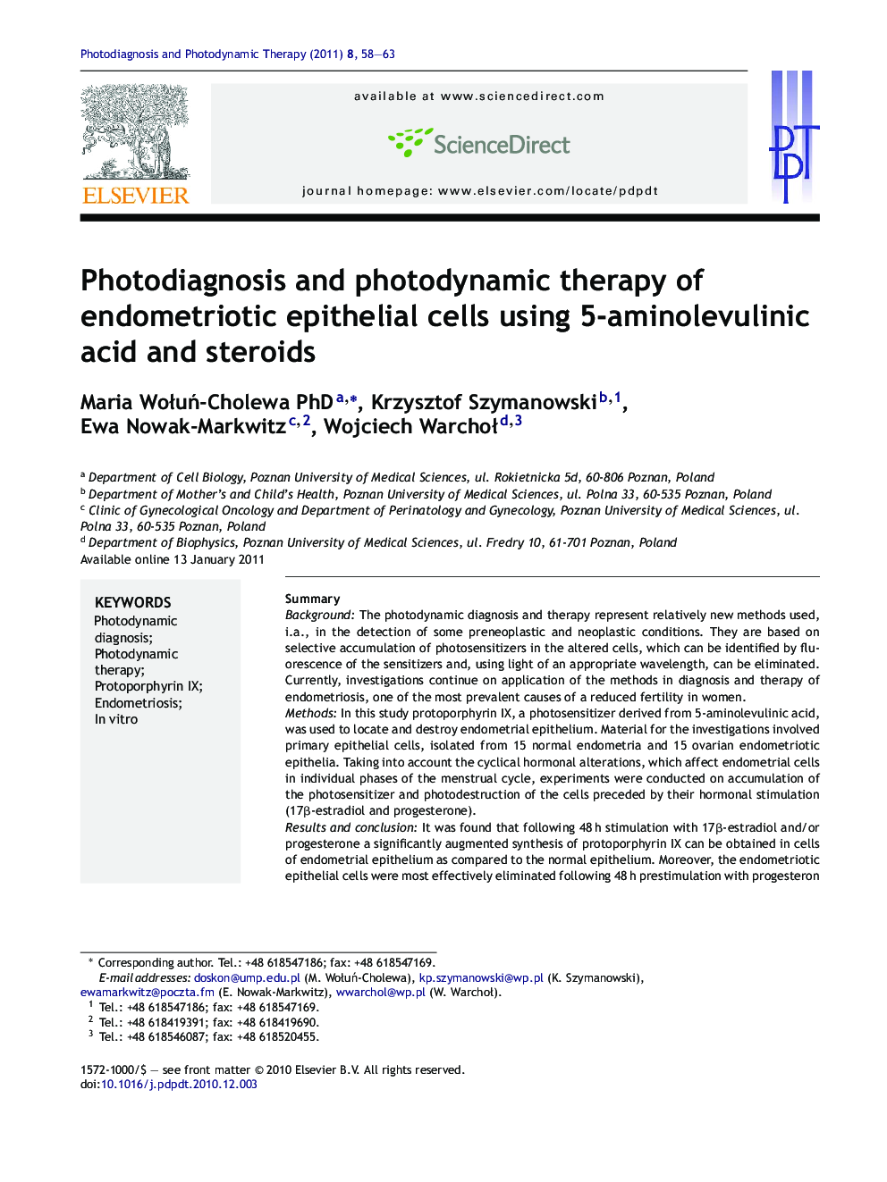 Photodiagnosis and photodynamic therapy of endometriotic epithelial cells using 5-aminolevulinic acid and steroids