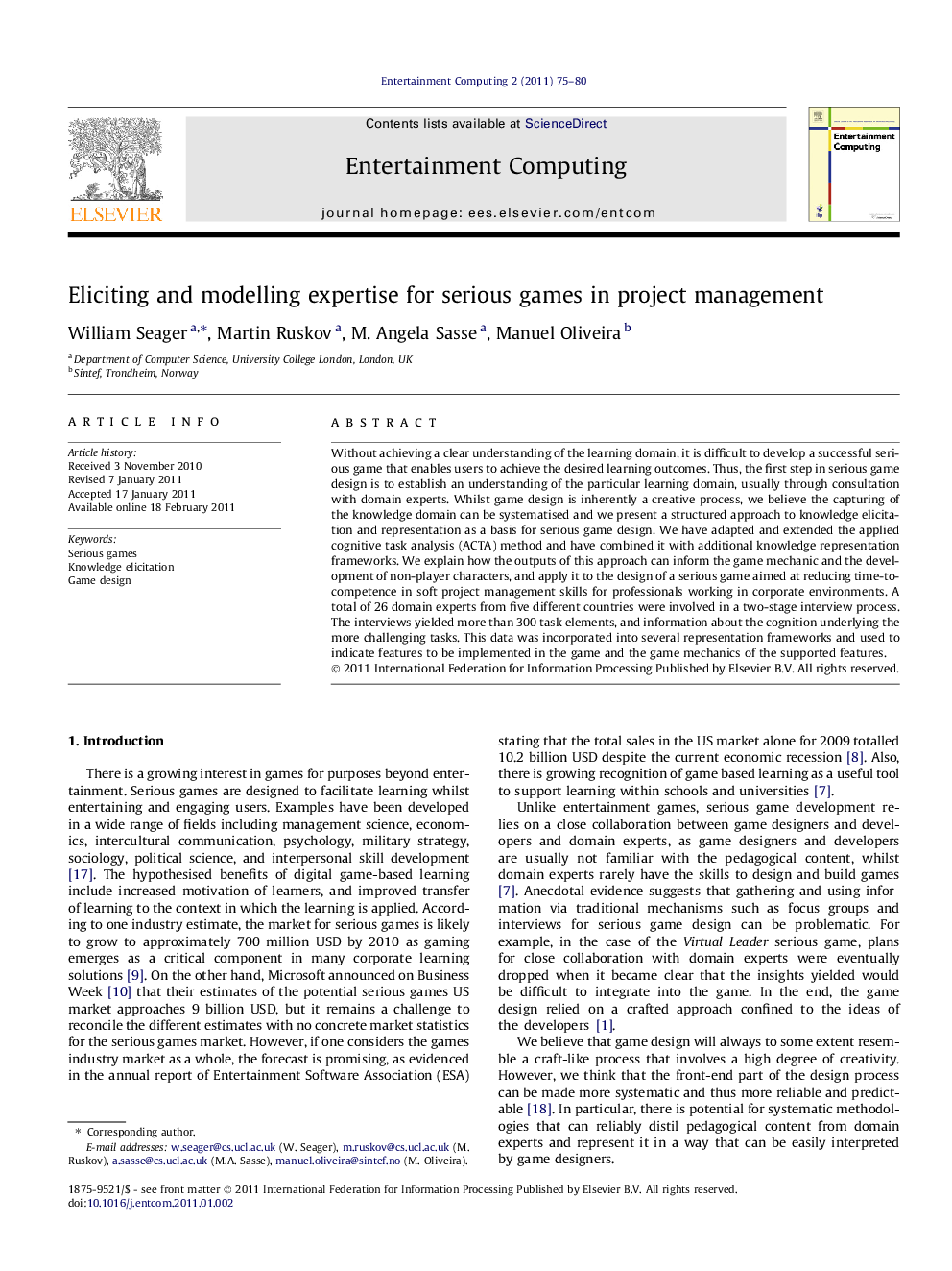 Eliciting and modelling expertise for serious games in project management