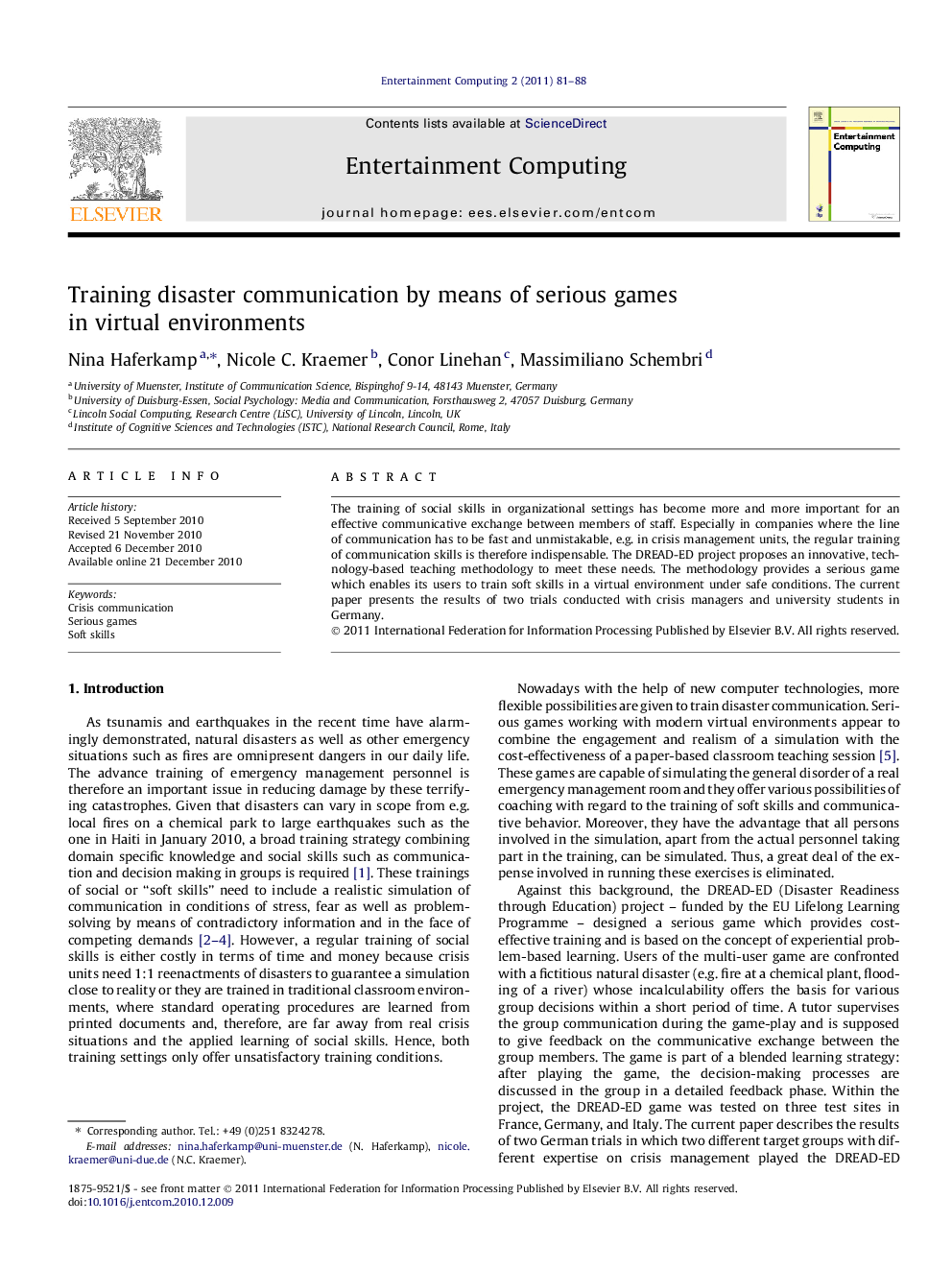 Training disaster communication by means of serious games in virtual environments