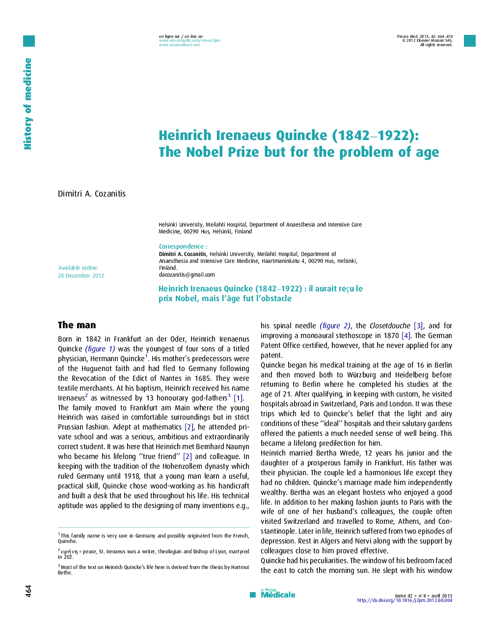 Heinrich Irenaeus Quincke (1842-1922): The Nobel Prize but for the problem of age