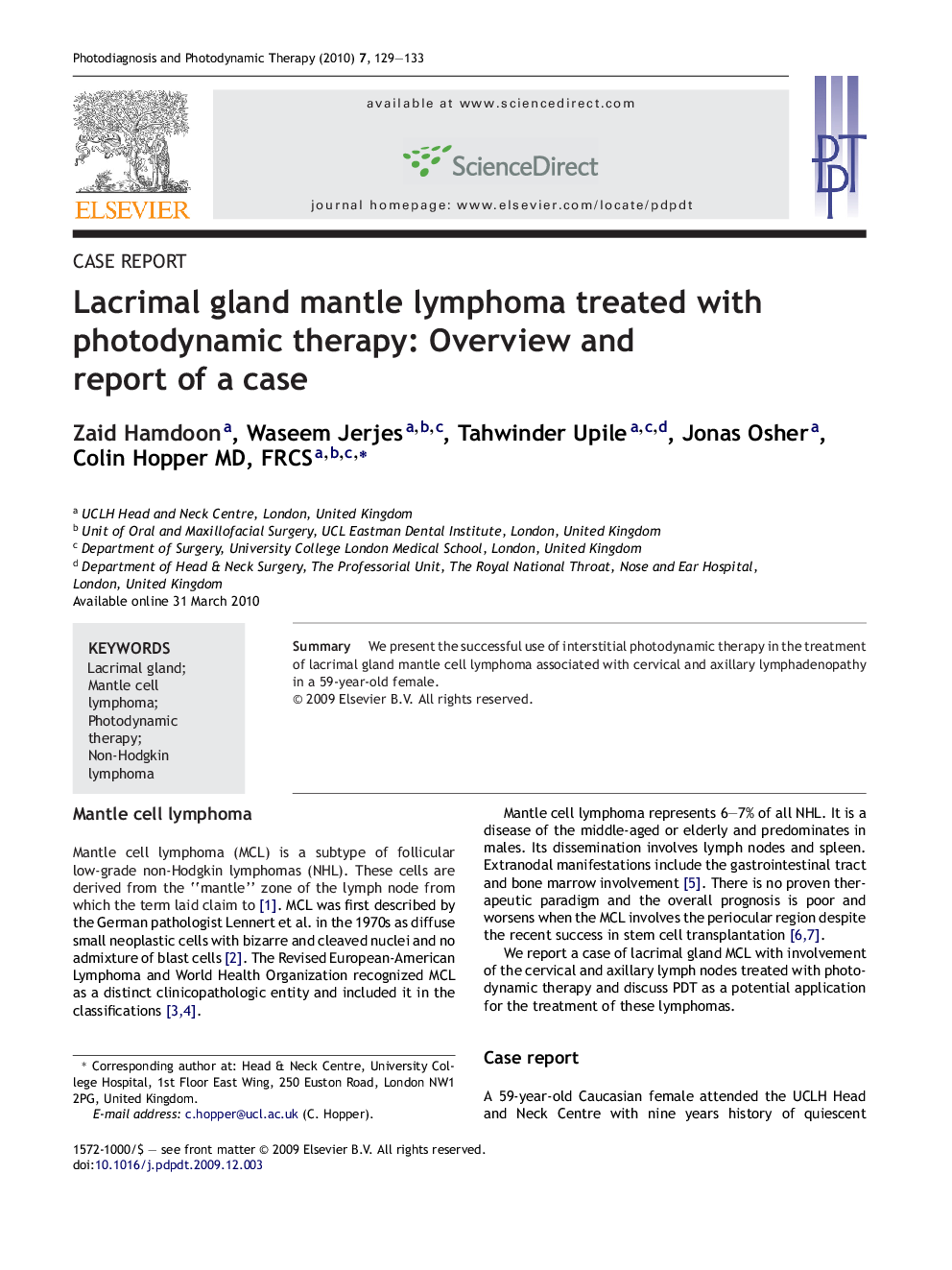 Lacrimal gland mantle lymphoma treated with photodynamic therapy: Overview and report of a case