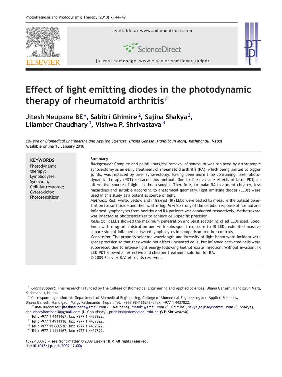 Effect of light emitting diodes in the photodynamic therapy of rheumatoid arthritis 