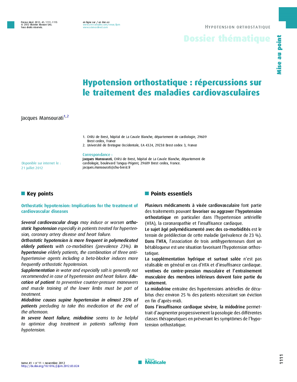Hypotension orthostatique : répercussions sur le traitement des maladies cardiovasculaires