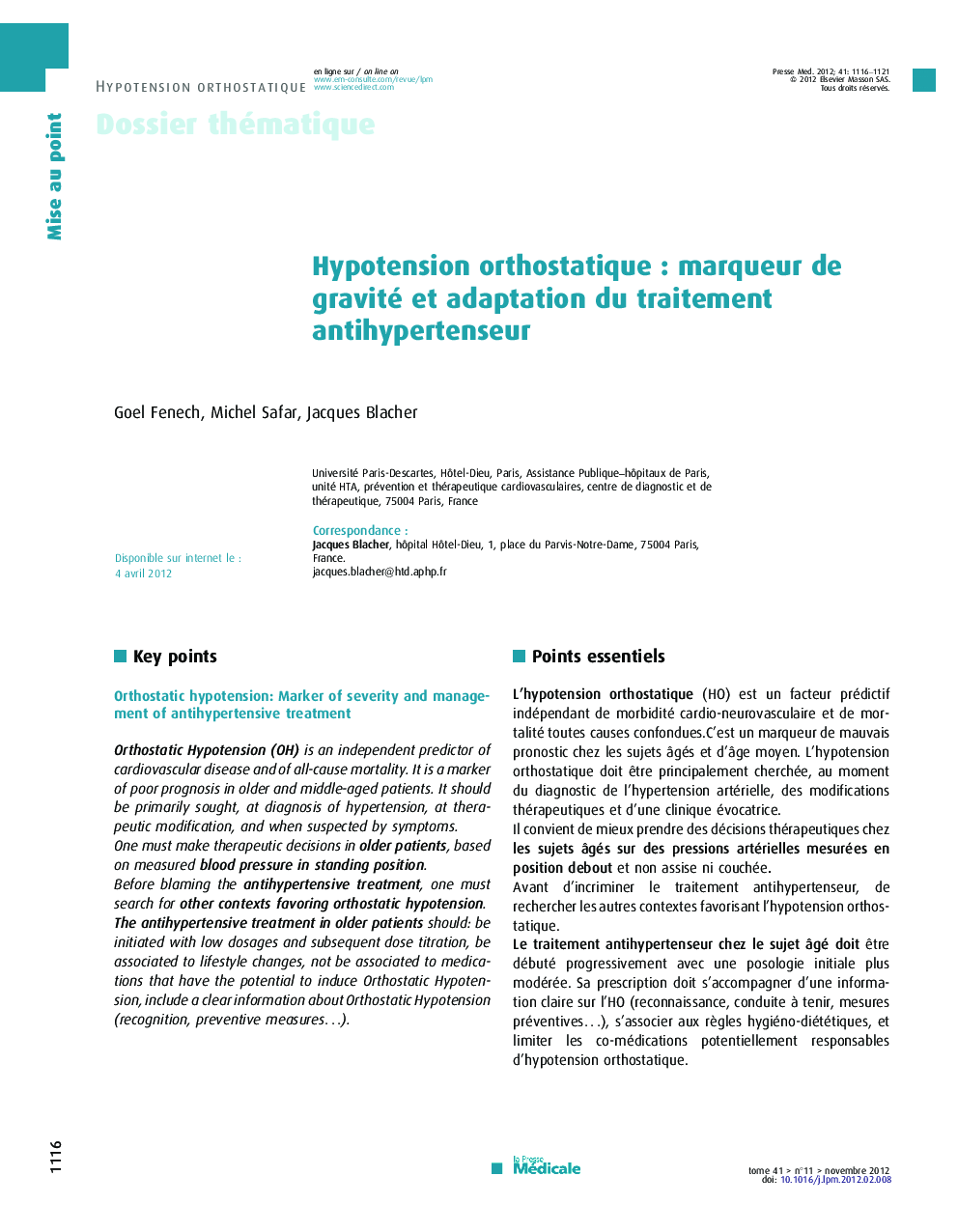 Hypotension orthostatique : marqueur de gravité et adaptation du traitement antihypertenseur