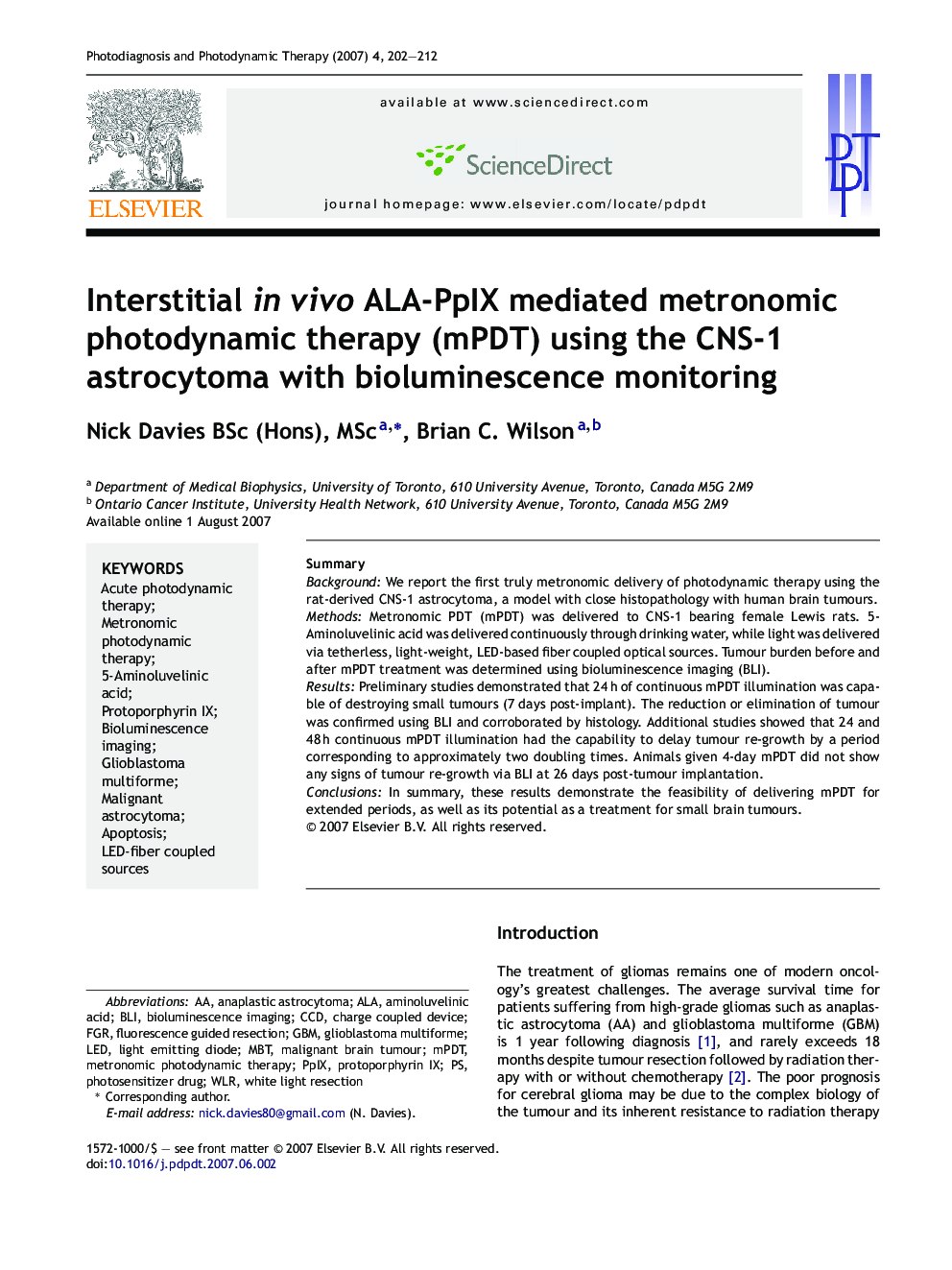 Interstitial in vivo ALA-PpIX mediated metronomic photodynamic therapy (mPDT) using the CNS-1 astrocytoma with bioluminescence monitoring