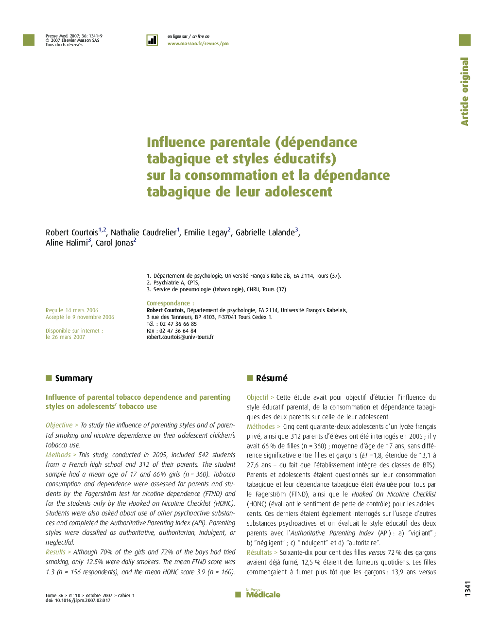 Influence parentale (dépendance tabagique et styles éducatifs) sur la consommation et la dépendance tabagique de leur adolescent