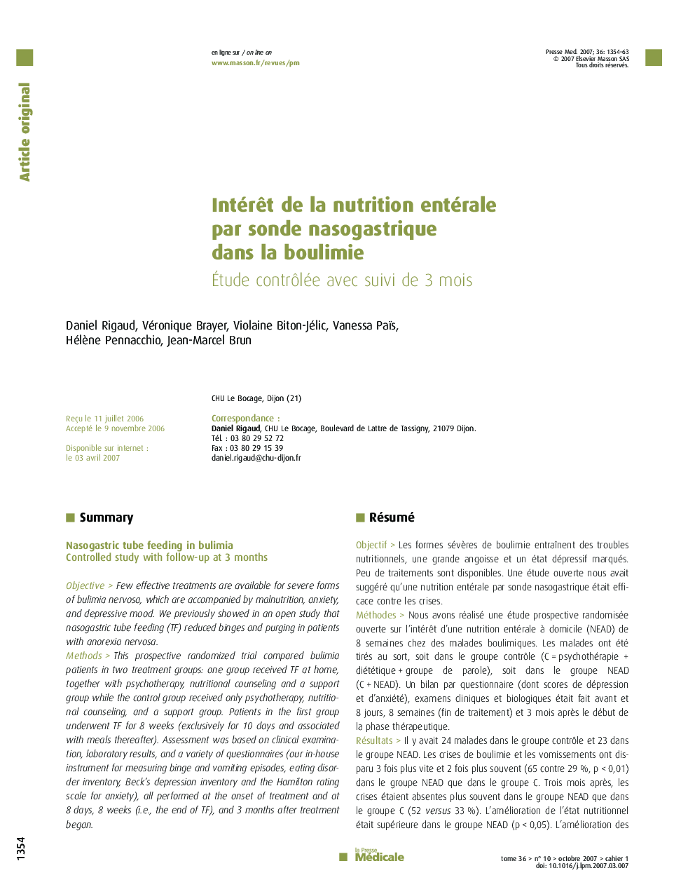 Intérêt de la nutrition entérale par sonde nasogastrique dans la boulimie: Étude contrôlée avec suivi de 3 mois