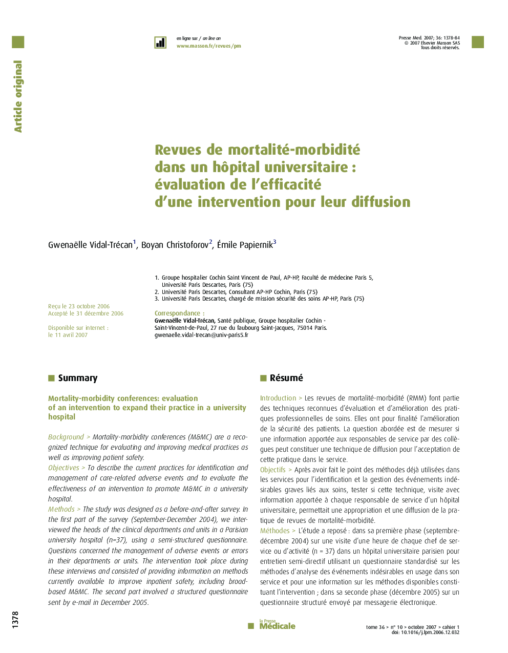 Revues de mortalité-morbidité dans un hôpital universitaire : évaluation de l'efficacité d'une intervention pour leur diffusion