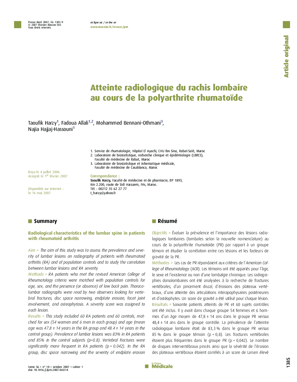 Atteinte radiologique du rachis lombaire au cours de la polyarthrite rhumatoïde