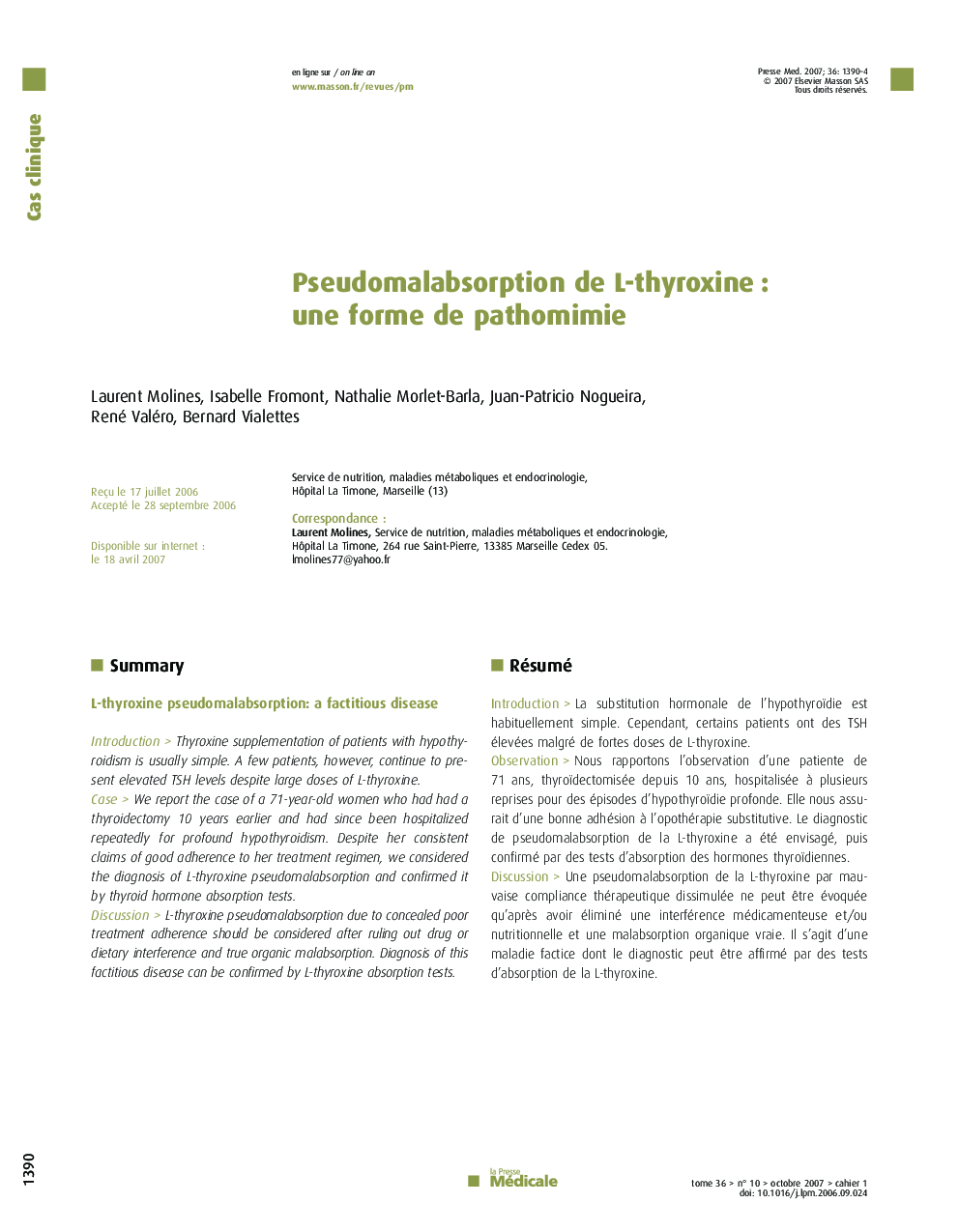 Pseudomalabsorption de L-thyroxine : une forme de pathomimie