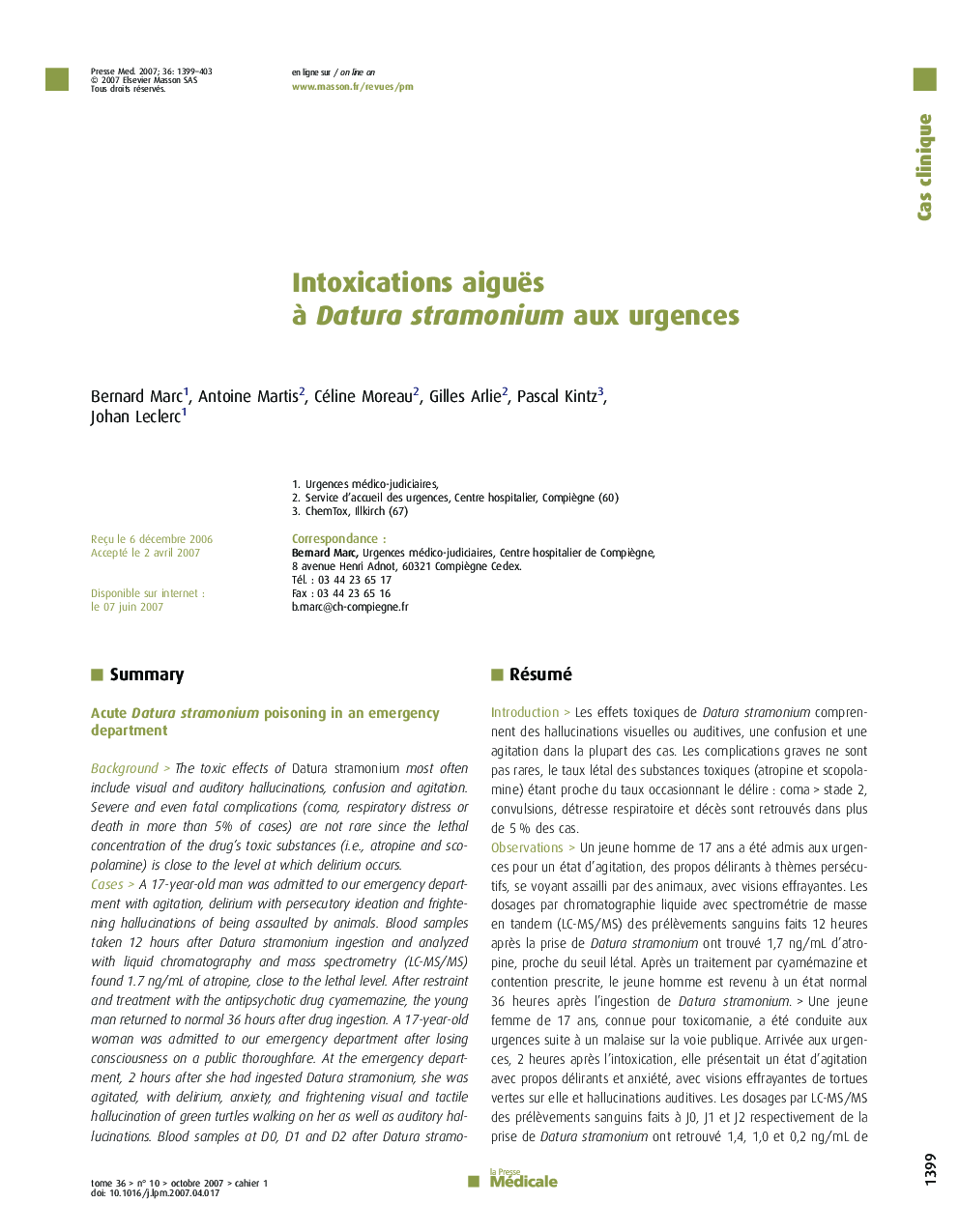 عکس صفحه اول مقاله: Intoxications aiguës à Datura stramonium aux urgences Intoxications aiguës à Datura stramonium aux urgences