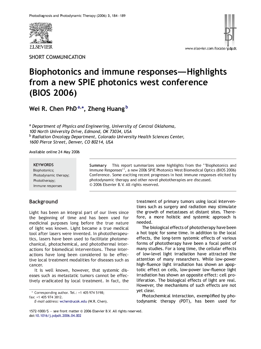 عکس صفحه اول مقاله: Biophotonics and immune responses—Highlights from a new SPIE photonics west conference (BIOS 2006) Biophotonics and immune responses—Highlights from a new SPIE photonics west conference (BIOS 2006)