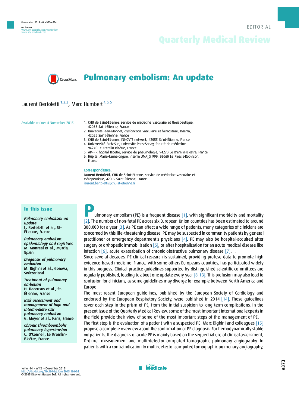 Pulmonary embolism: An update