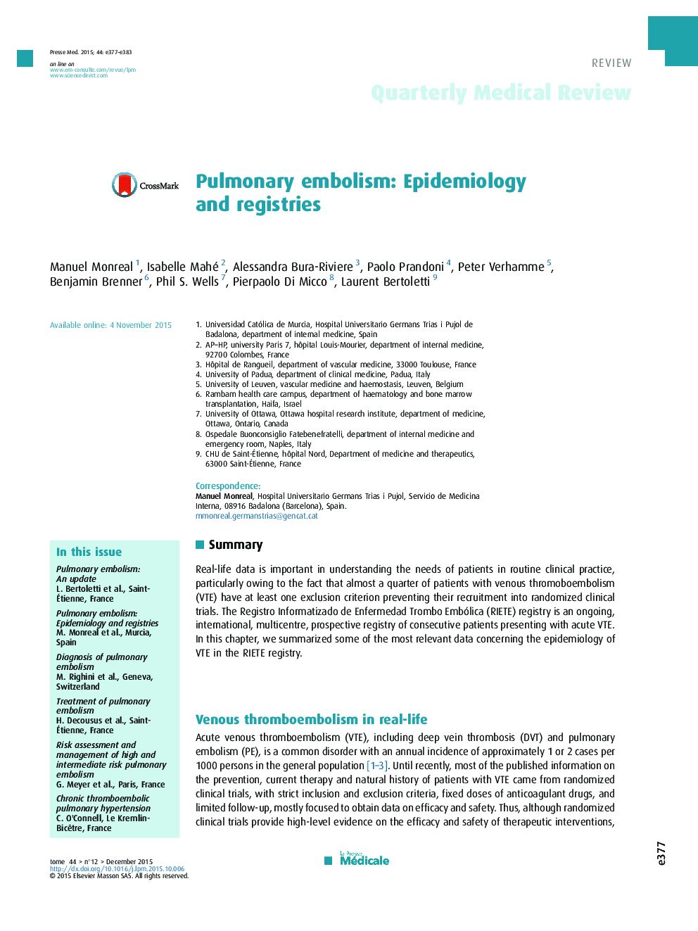 Pulmonary embolism: Epidemiology and registries