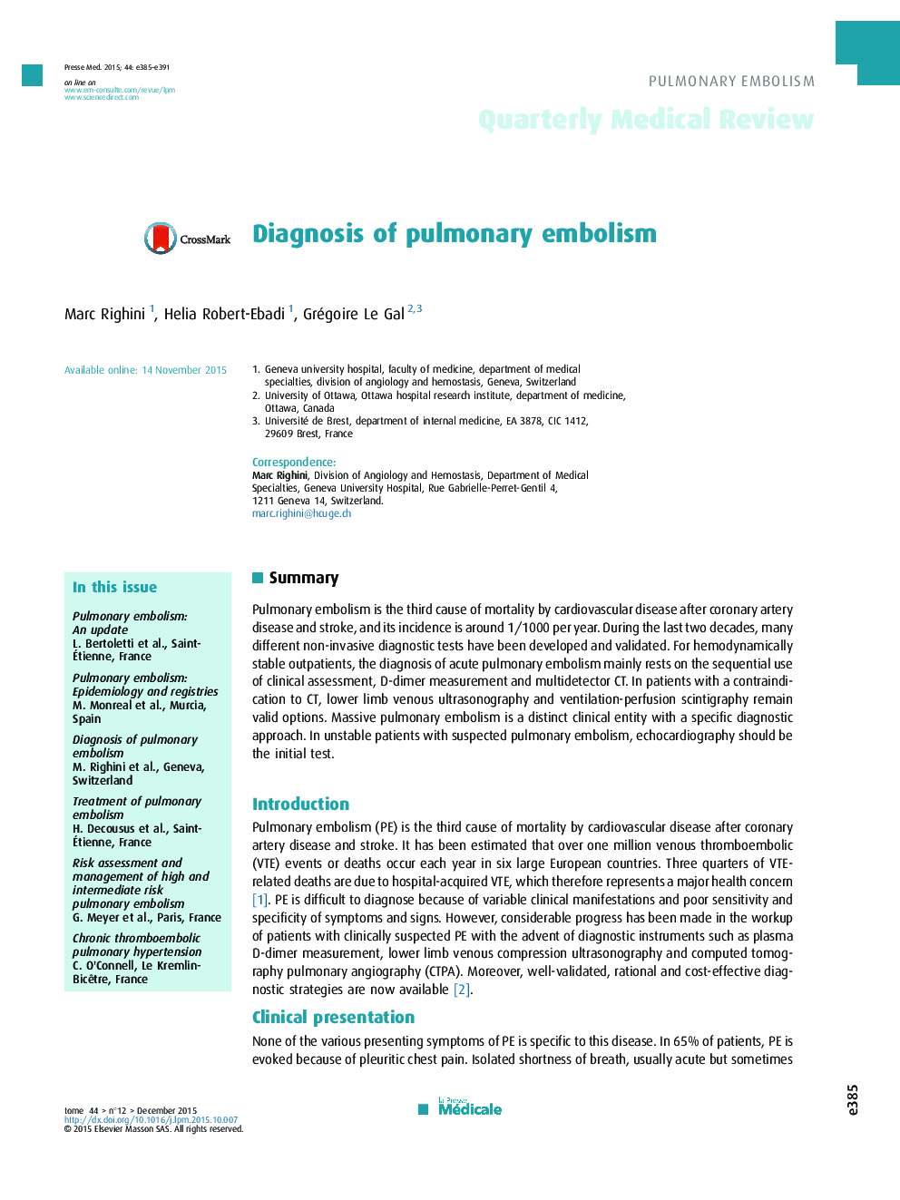 Diagnosis of pulmonary embolism
