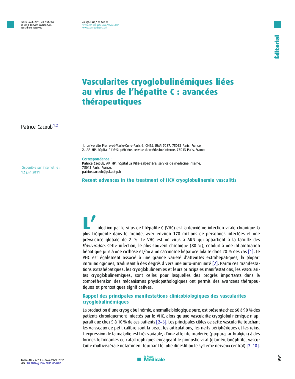 Vascularites cryoglobulinémiques liées au virus de l'hépatite CÂ : avancées thérapeutiques