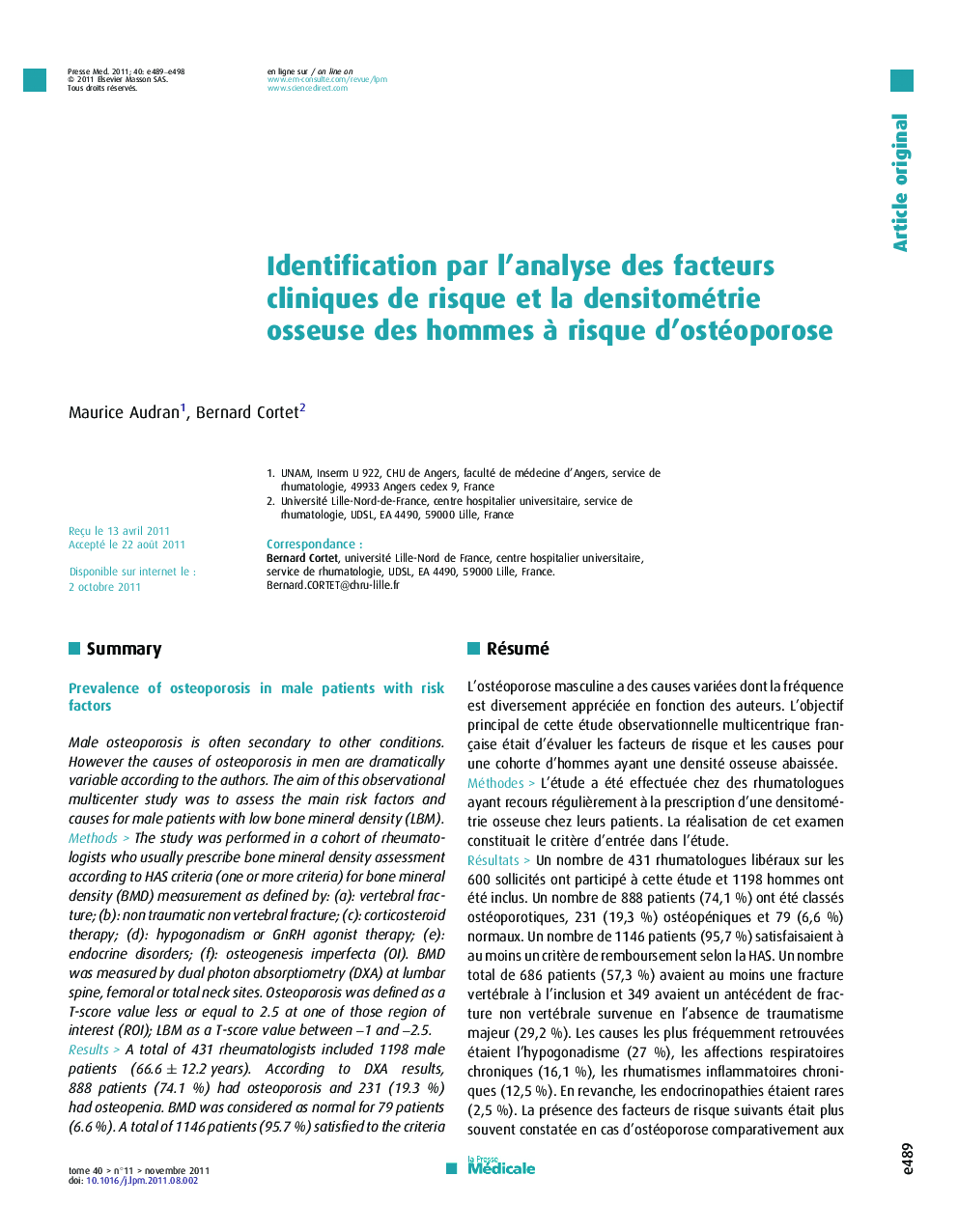 Identification par l’analyse des facteurs cliniques de risque et la densitométrie osseuse des hommes à risque d’ostéoporose