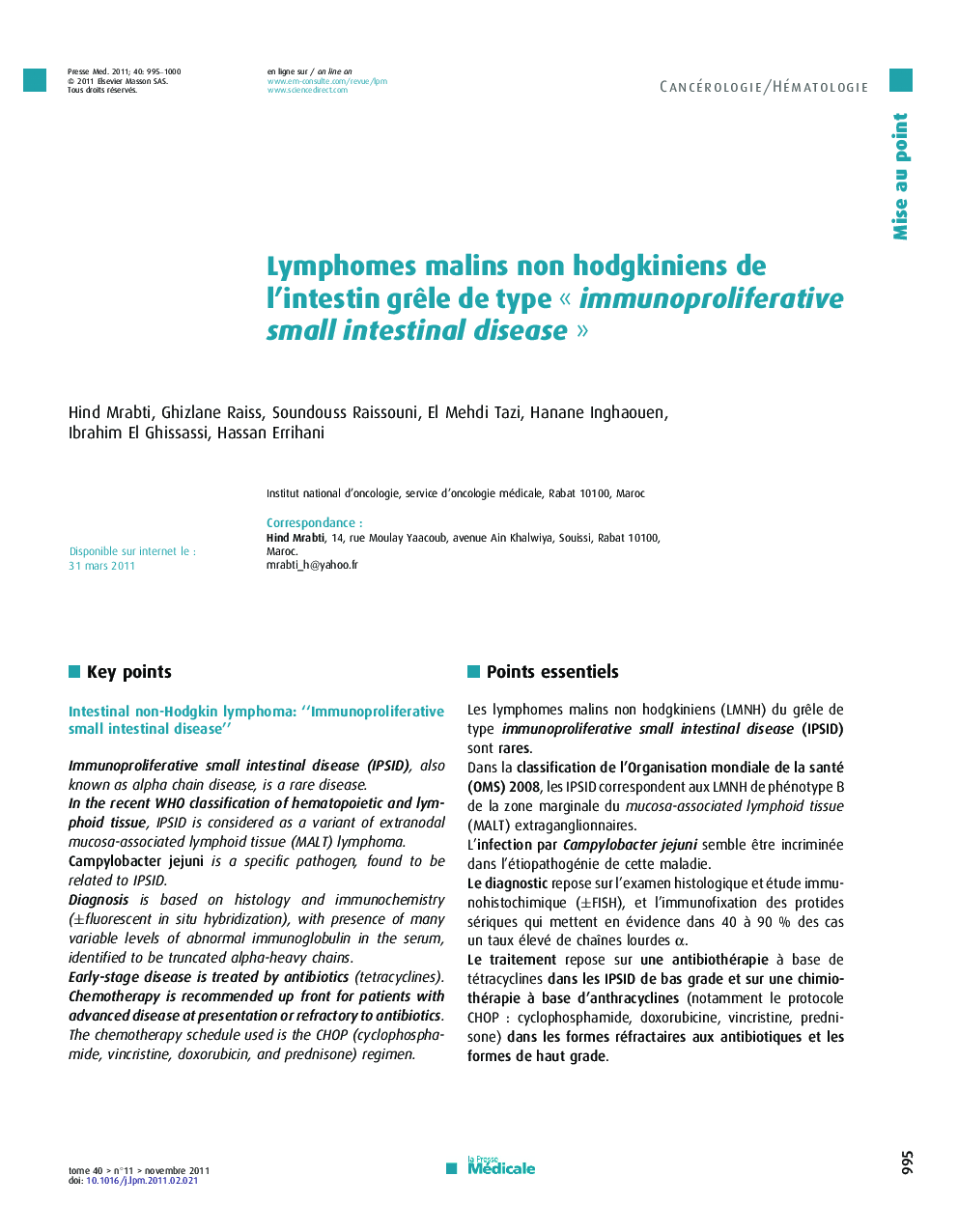 Lymphomes malins non hodgkiniens de l’intestin grêle de type « immunoproliferative small intestinal disease »