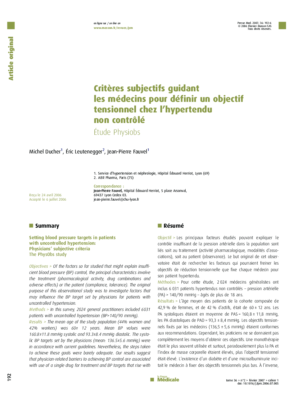 Critères subjectifs guidant les médecins pour définir un objectif tensionnel chez l'hypertendu non contrôlé: Étude Physiobs