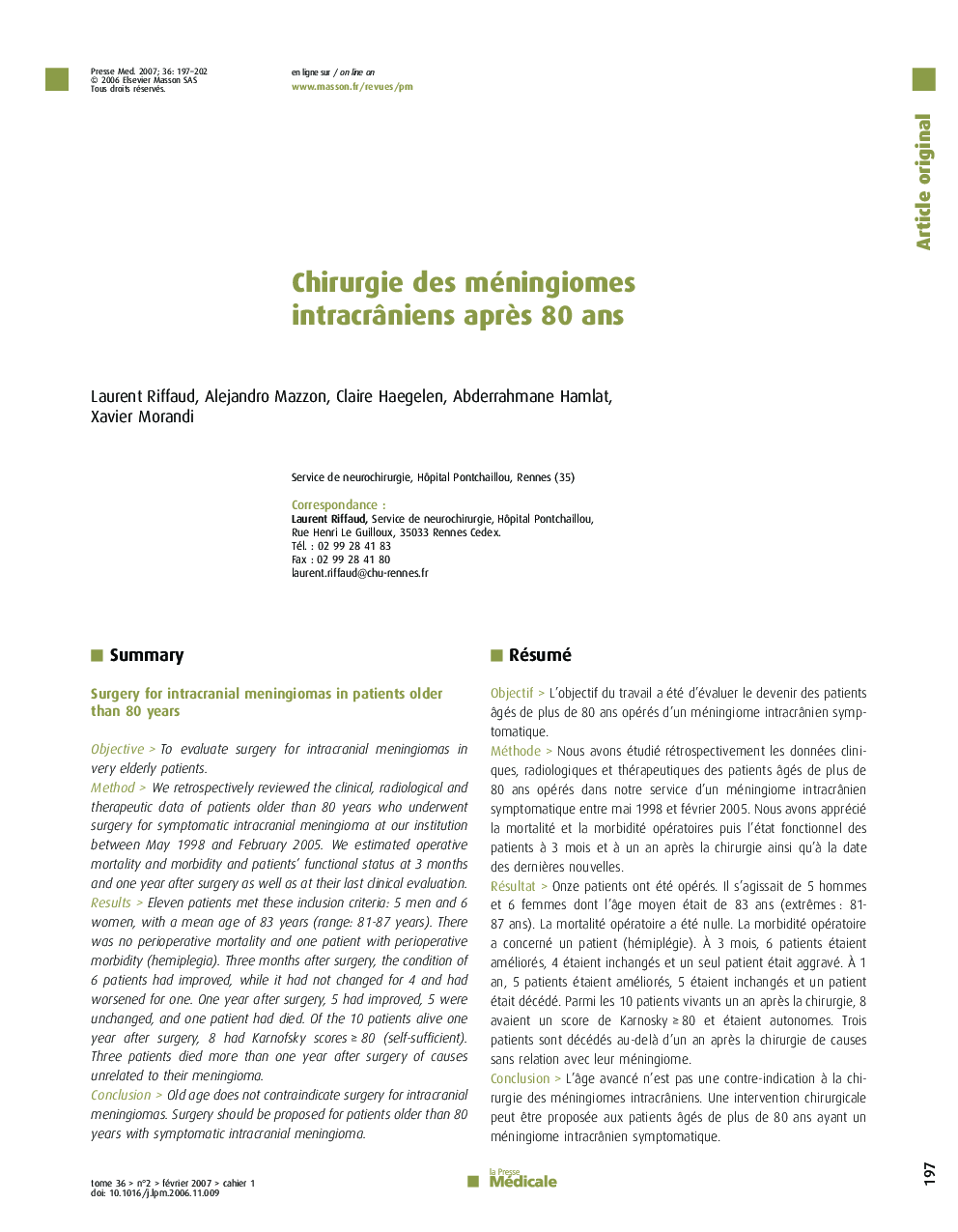 Chirurgie des méningiomes intracrâniens après 80 ans