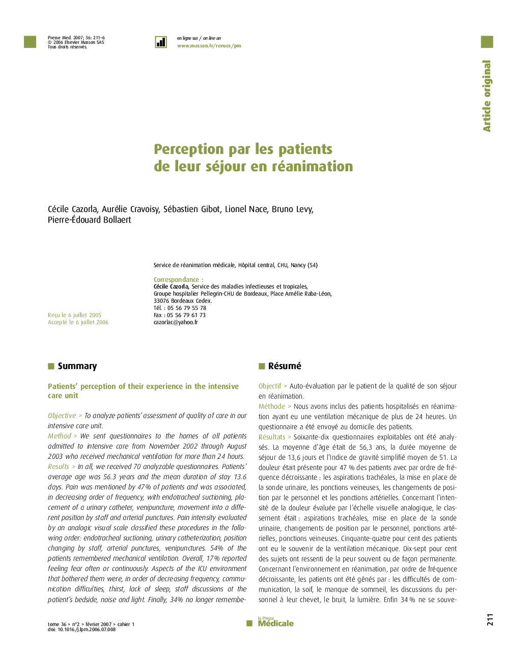 Perception par les patients de leur séjour en réanimation