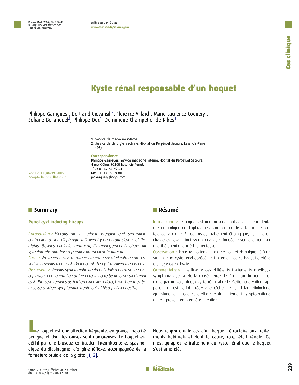 Kyste rénal responsable d'un hoquet
