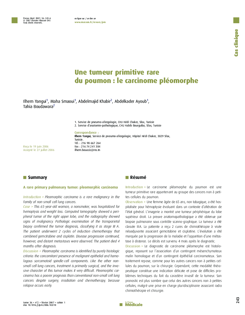 Une tumeur primitive rare du poumon : le carcinome pléomorphe