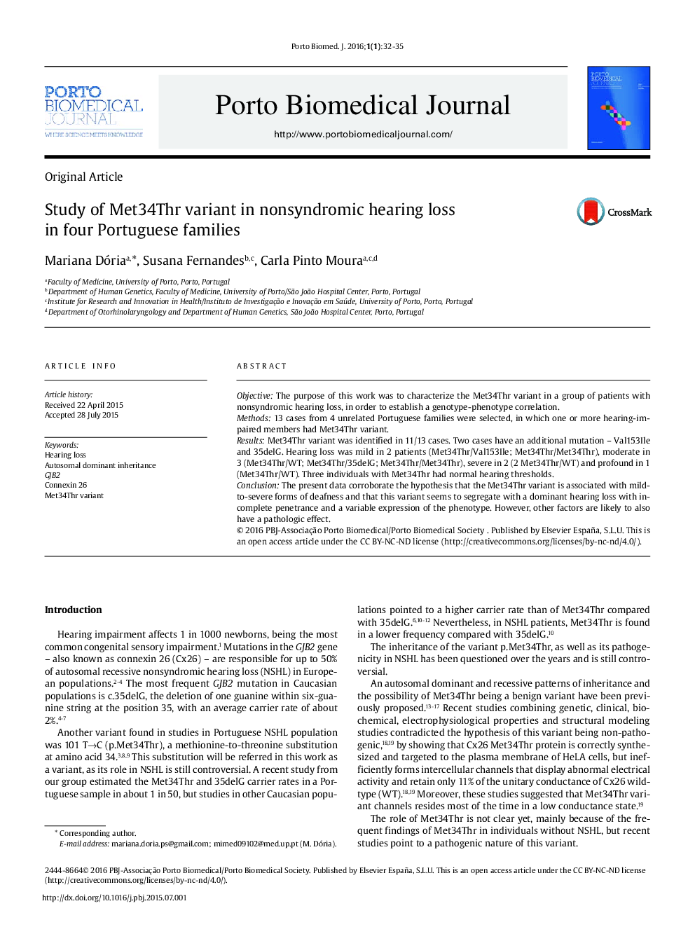 Study of Met34Thr variant in nonsyndromic hearing loss in four Portuguese families