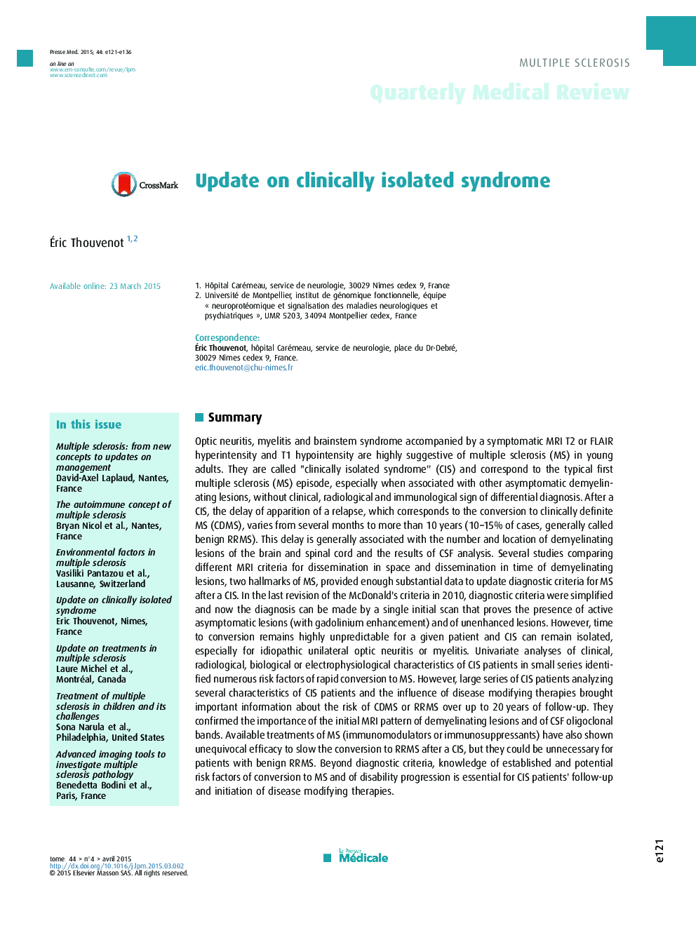 Update on clinically isolated syndrome