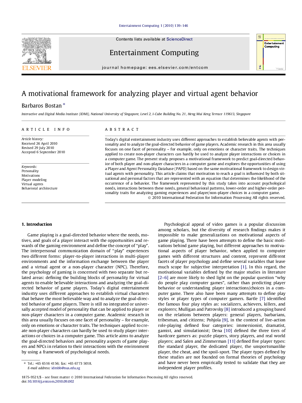 A motivational framework for analyzing player and virtual agent behavior