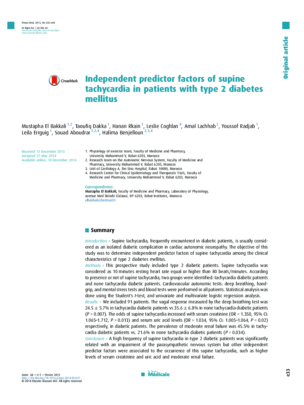 Independent predictor factors of supine tachycardia in patients with type 2 diabetes mellitus