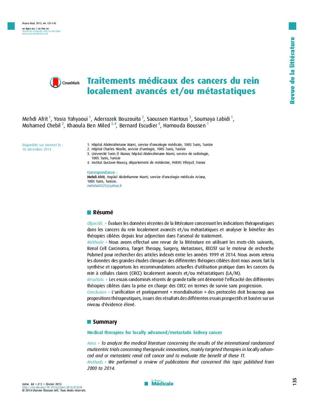Traitements médicaux des cancers du rein localement avancés et/ou métastatiques