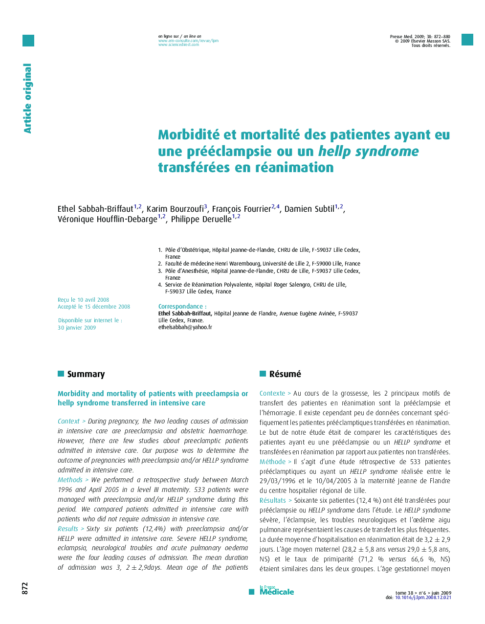 Morbidité et mortalité des patientes ayant eu une prééclampsie ou un hellp syndrome transférées en réanimation