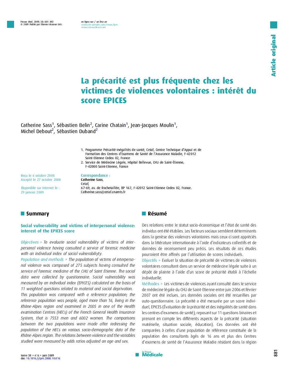 La précarité est plus fréquente chez les victimes de violences volontaires : intérêt du score EPICES