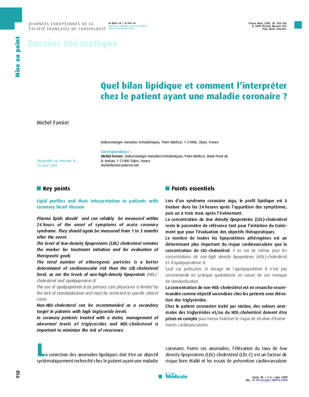 Quel bilan lipidique et comment l’interpréter chez le patient ayant une maladie coronaire ?