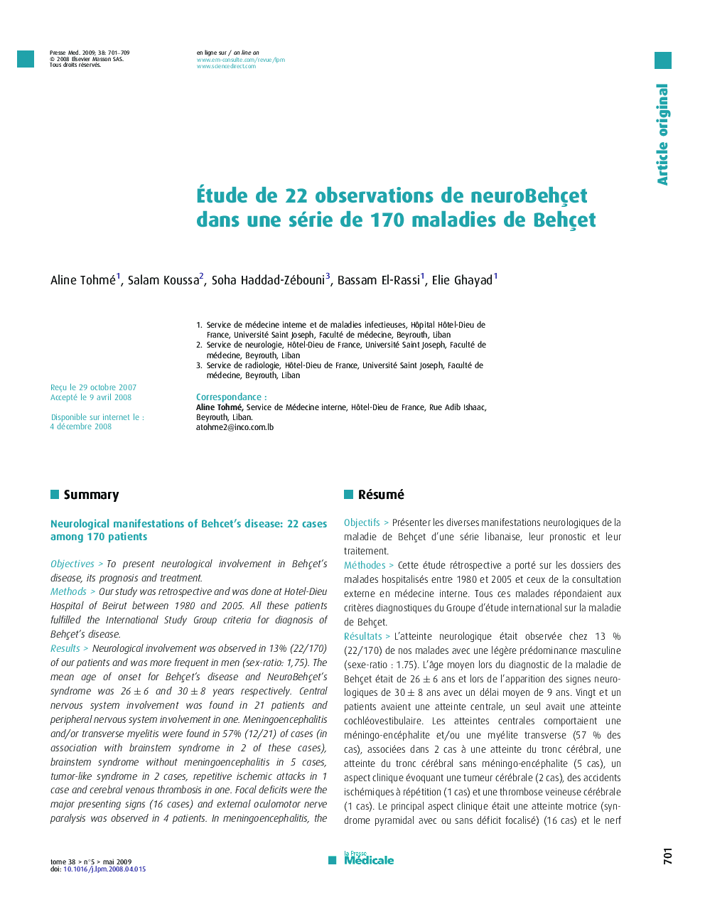 Étude de 22 observations de neuroBehçet dans une série de 170 maladies de Behçet
