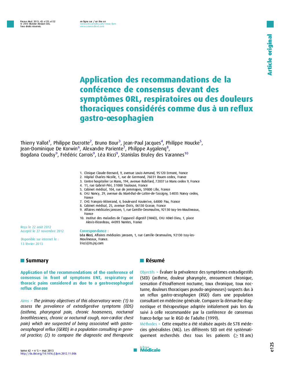 Application des recommandations de la conférence de consensus devant des symptômes ORL, respiratoires ou des douleurs thoraciques considérés comme dus à un reflux gastro-œsophagien