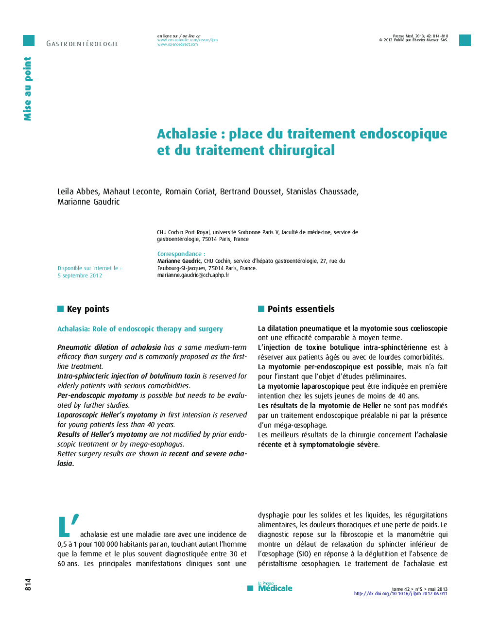 Achalasie : place du traitement endoscopique et du traitement chirurgical
