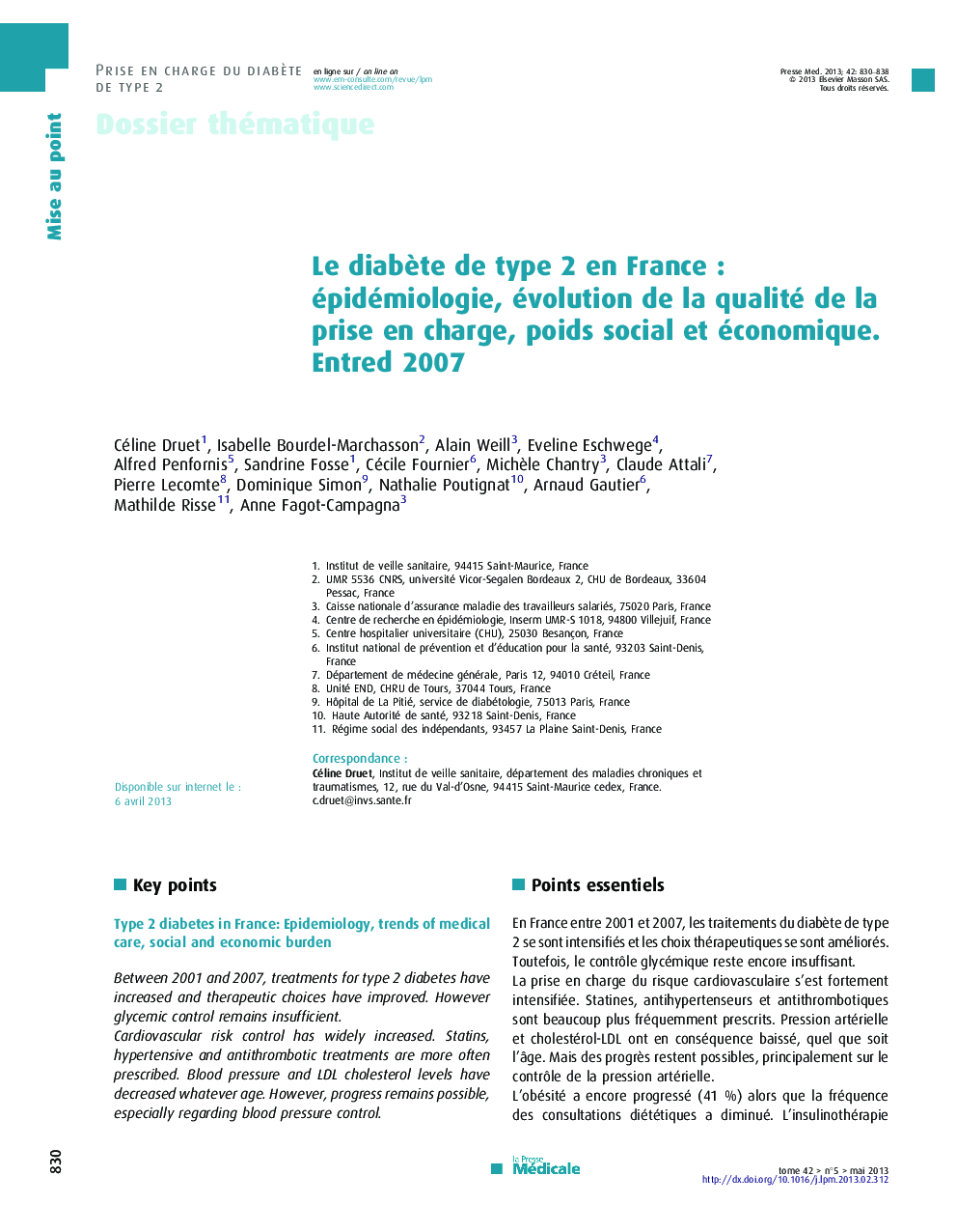 Le diabète de type 2 en France : épidémiologie, évolution de la qualité de la prise en charge, poids social et économique. Entred 2007