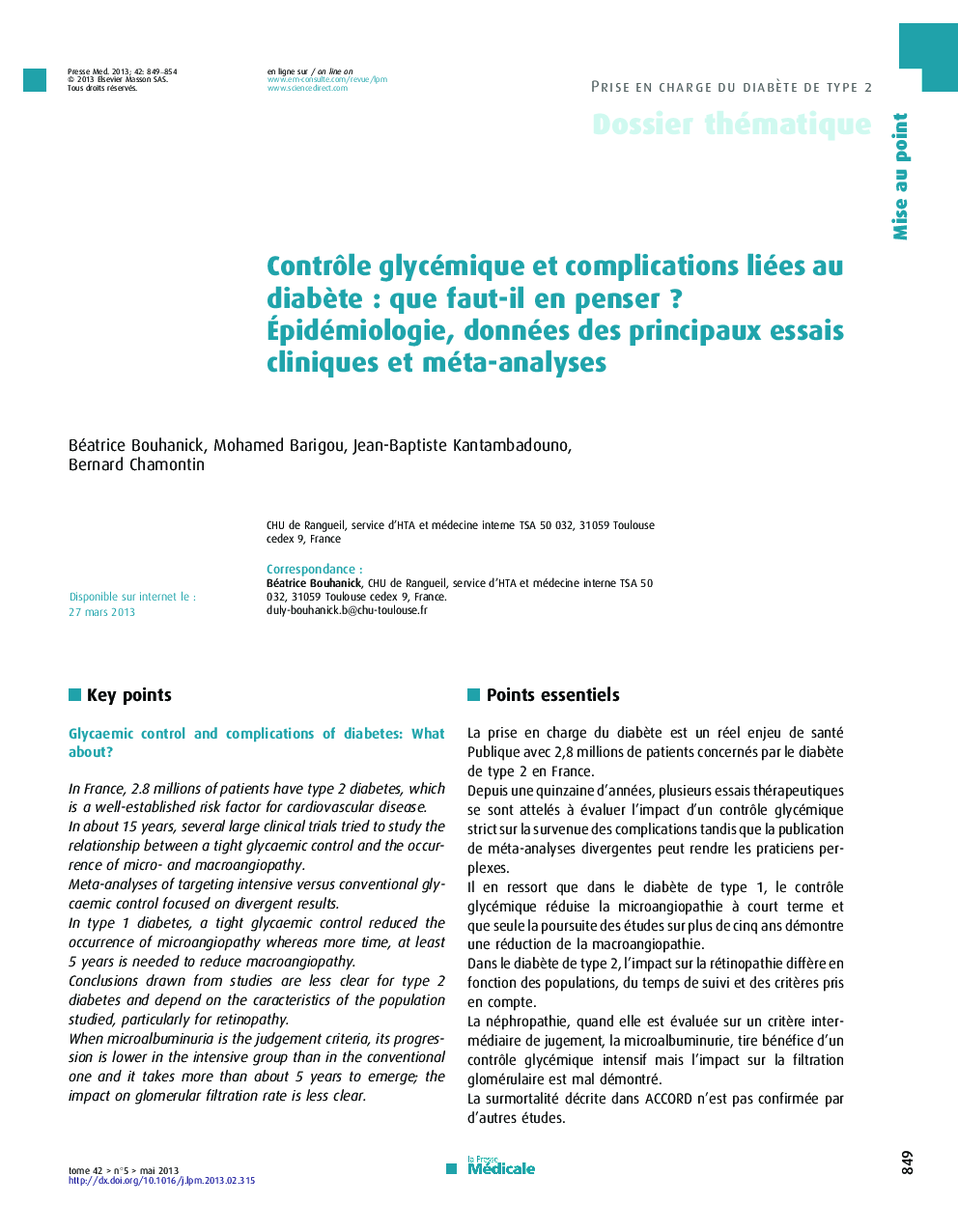 Contrôle glycémique et complications liées au diabète : que faut-il en penser ? Épidémiologie, données des principaux essais cliniques et méta-analyses
