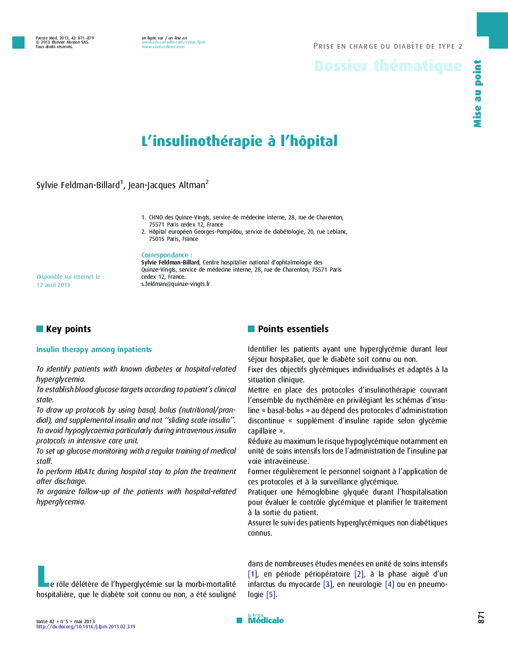 L'insulinothérapie Ã  l'hÃ´pital