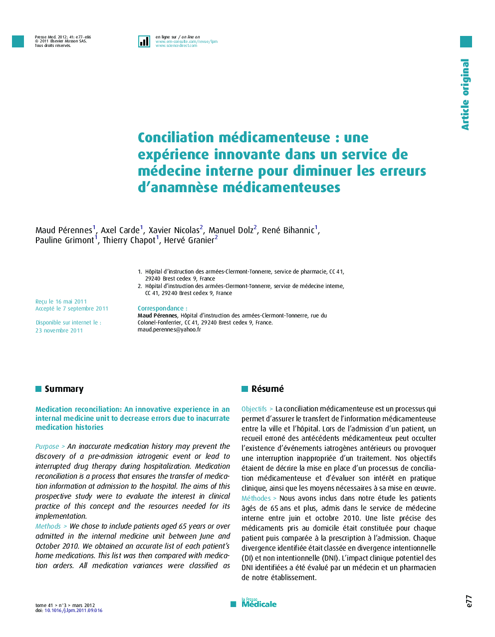 Conciliation médicamenteuse : une expérience innovante dans un service de médecine interne pour diminuer les erreurs d’anamnèse médicamenteuses
