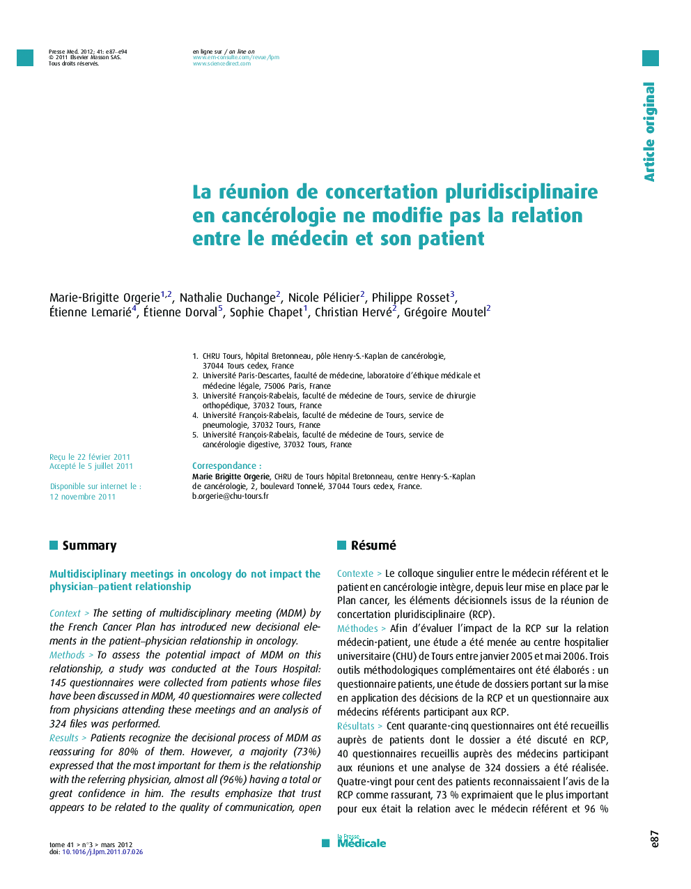 La réunion de concertation pluridisciplinaire en cancérologie ne modifie pas la relation entre le médecin et son patient