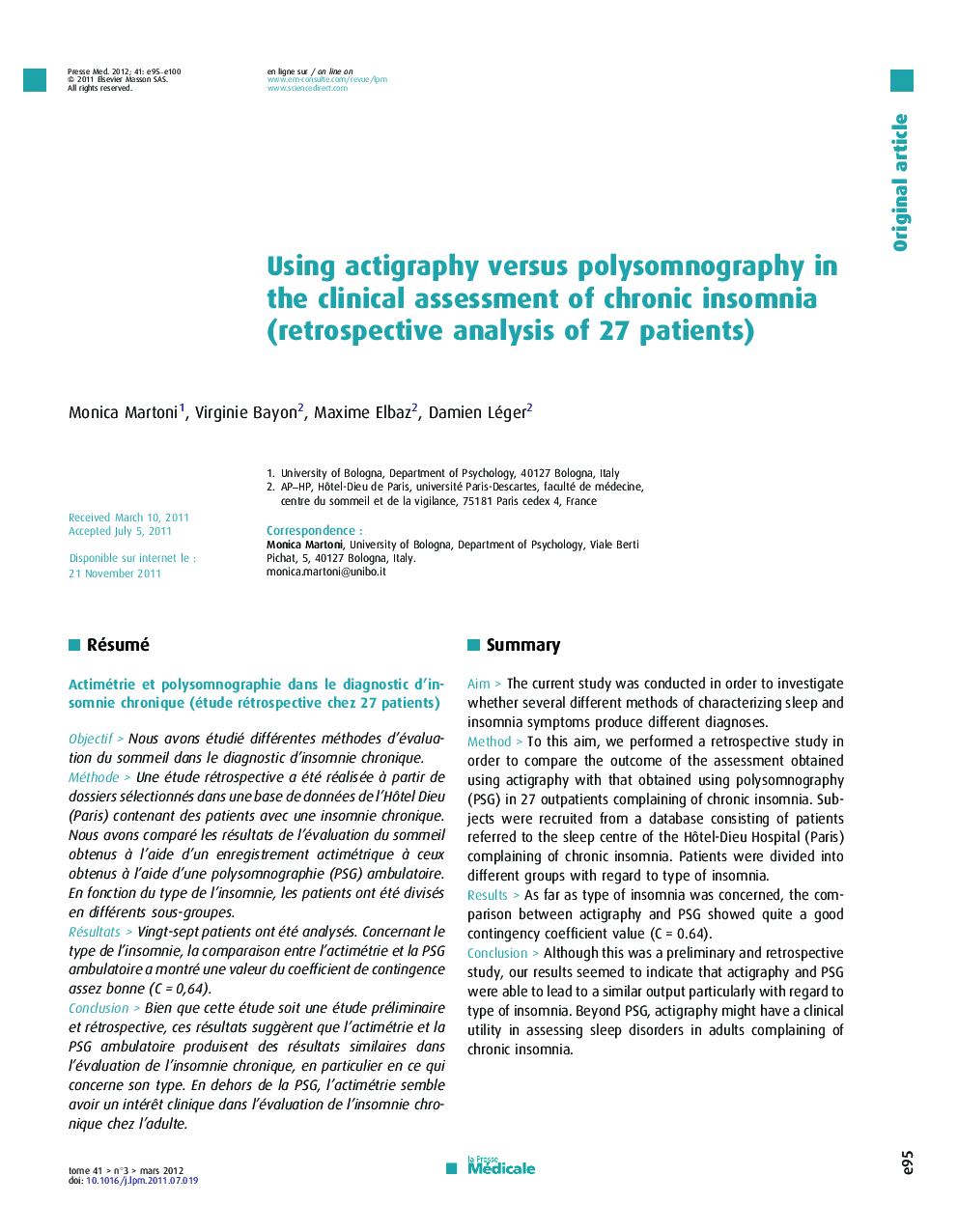 Using actigraphy versus polysomnography in the clinical assessment of chronic insomnia (retrospective analysis of 27 patients)