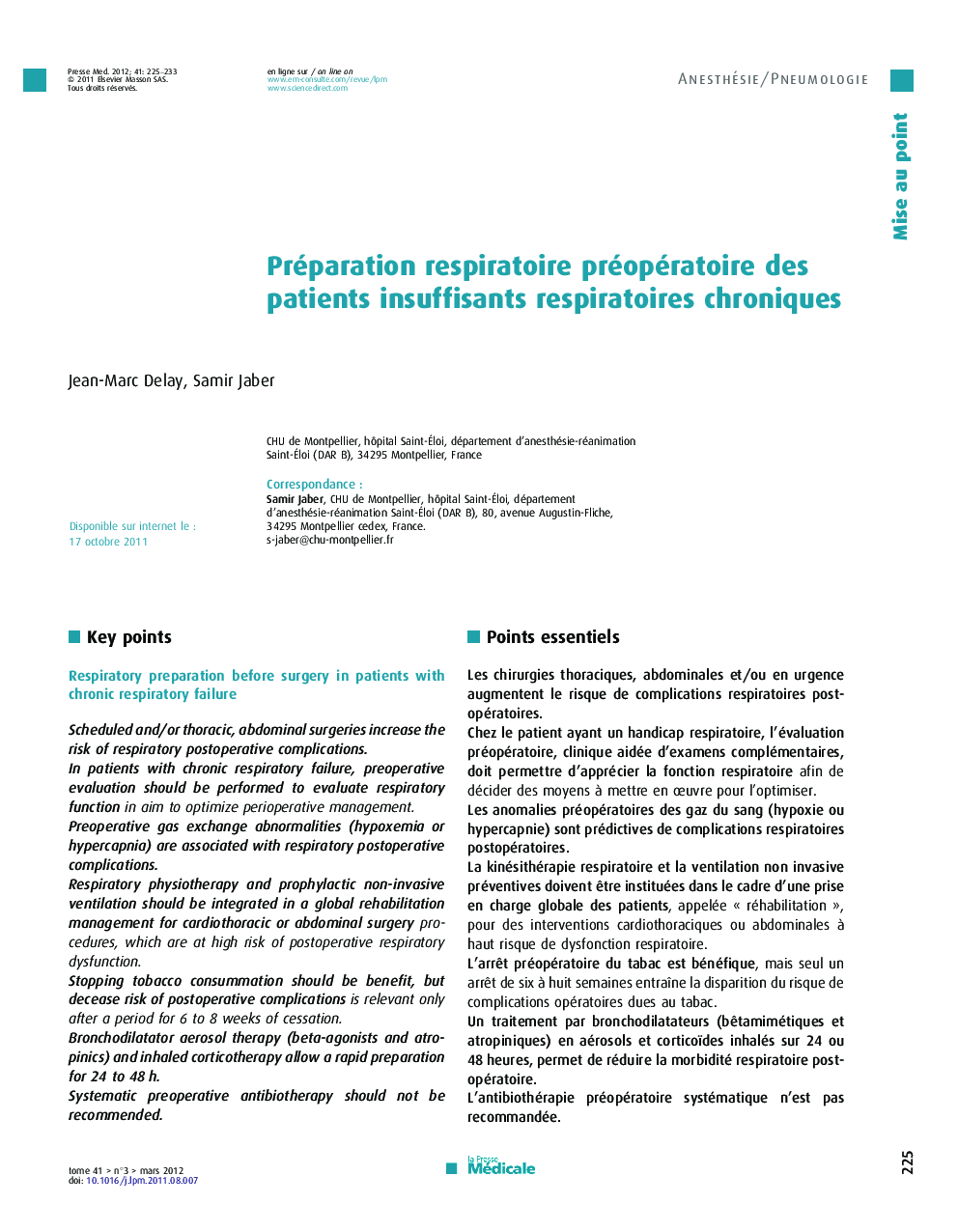 Préparation respiratoire préopératoire des patients insuffisants respiratoires chroniques