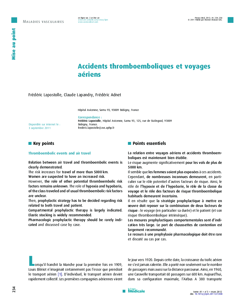 عکس صفحه اول مقاله: Accidents thromboemboliques et voyages aériens Accidents thromboemboliques et voyages aériens